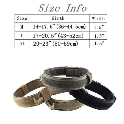 Four tactical dog collars in black, gray, tan, and camouflage with size info chart for M, L, XL