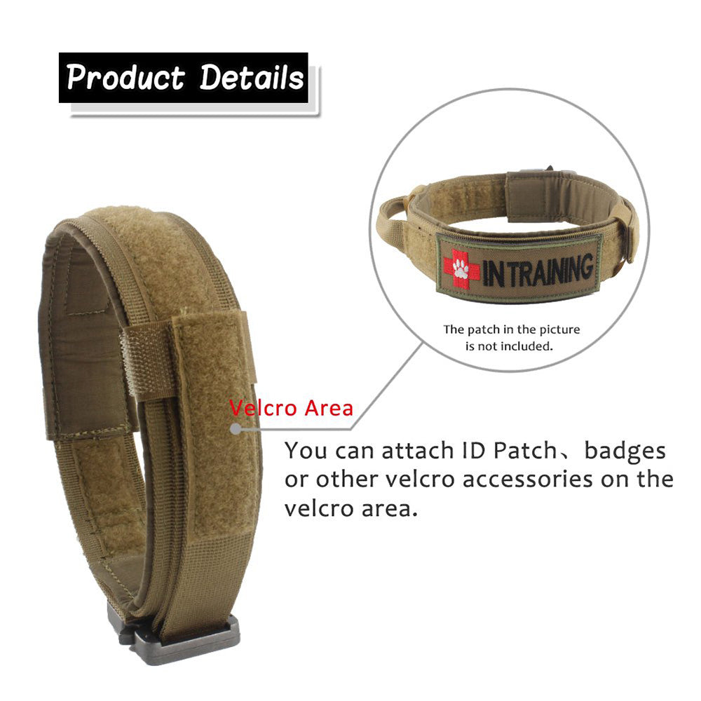 tan tactical dog collar with adjustable velcro area for attaching ID patches and badges