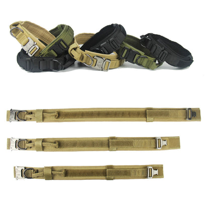 Durable tactical dog collars in black, green, and tan nylon with metal buckles and D-rings