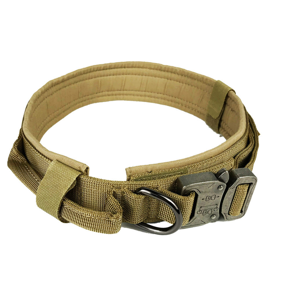 Durable tan nylon tactical dog collar with metal buckle and soft padded lining