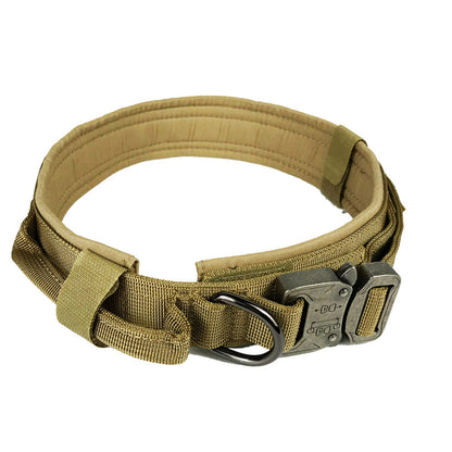 Durable tan nylon tactical dog collar with metal buckle and soft padded lining