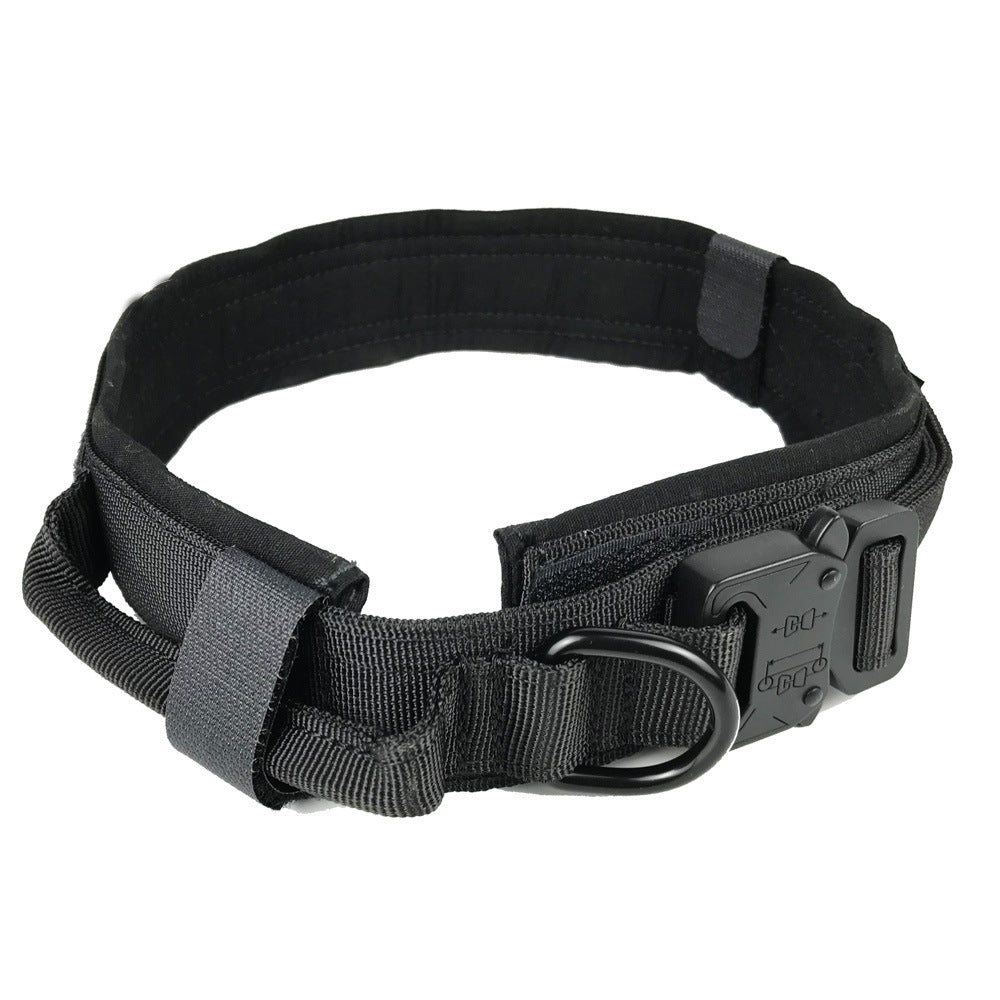 Black tactical dog collar with durable nylon, padded lining, adjustable buckle, and metal D-ring