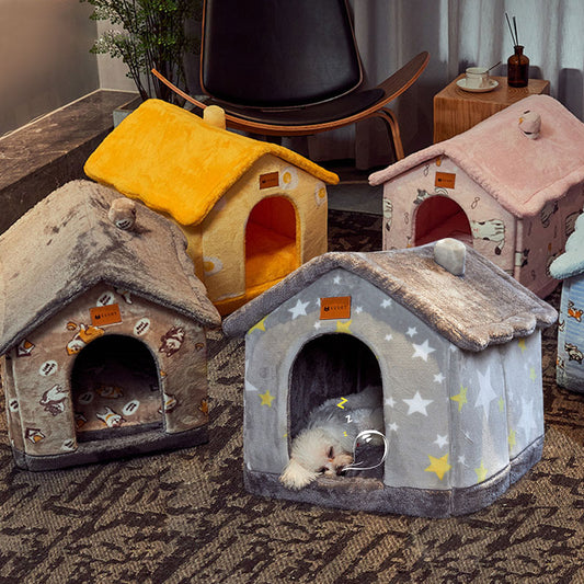 Cozy plush pet houses in various designs and colors with a small dog sleeping inside gray star-patterned house