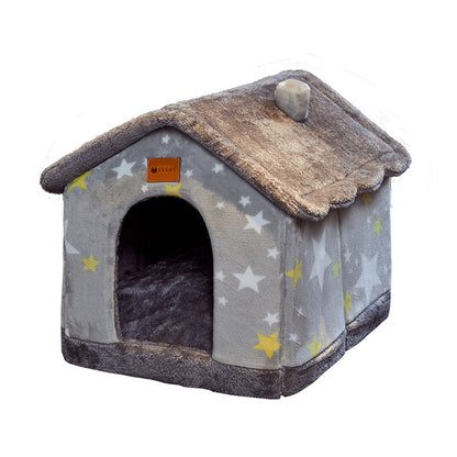 Cozy gray pet house with soft plush fabric, star pattern, and brown roof for small dogs or cats