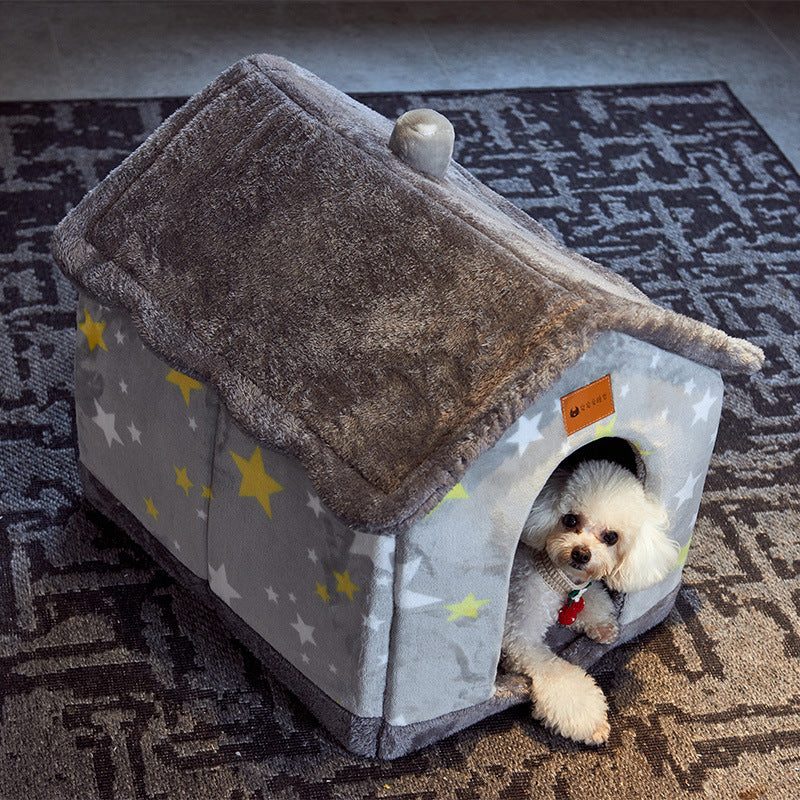 Small white dog peeking out of a cozy star-patterned soft pet house with a plush roof
