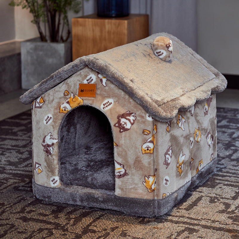 cozy gray plush pet house with shiba inu dog pattern on carpet indoor