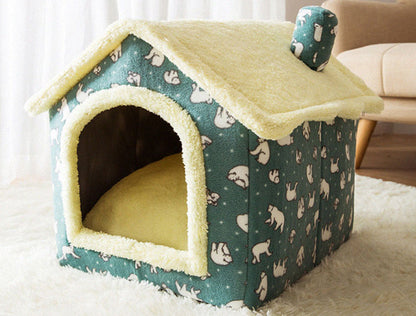 Cozy small pet house with yellow plush roof and green fabric with white bear patterns, placed on white rug