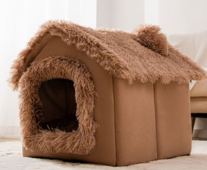 Cozy brown plush pet house with fluffy roof and entrance, ideal indoor cat or dog bed