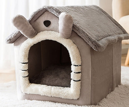 Cozy small pet house with soft synthetic plush fur, beige and grey, shaped like a dog or cat nest
