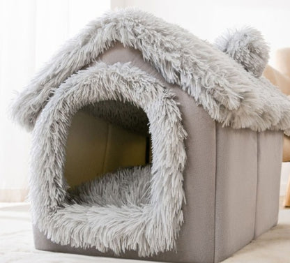 gray cozy pet house with fluffy synthetic plush fur bed and pom-pom roof decoration