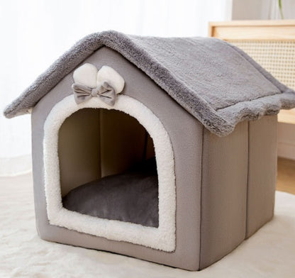 Small gray cozy pet house with plush roof and bow detail, soft enclosed bed for cats and dogs