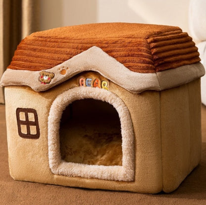 Cozy beige and brown plush pet house with window, paw print, and colorful bear letters