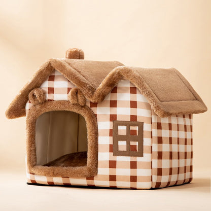 small cozy pet house with brown plaid pattern, soft plush roof, and bear-ear entrance