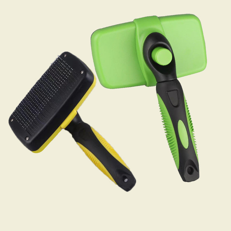 Yellow and green ergonomic self-cleaning slicker brushes for pet grooming with soft bristles
