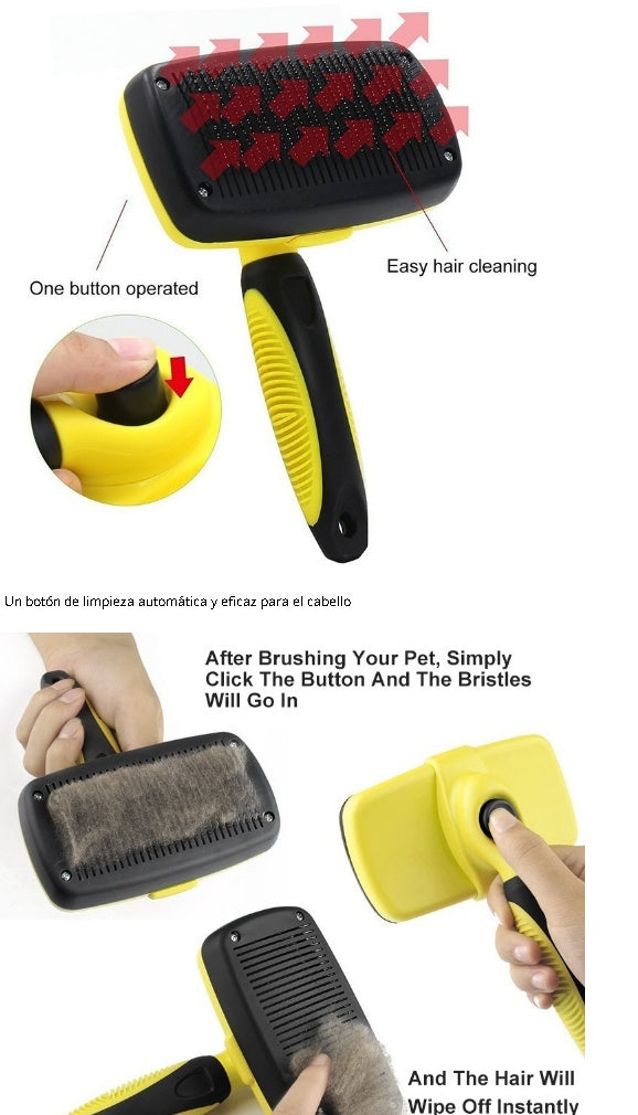 Yellow and black self-cleaning slicker pet grooming brush with one button hair removal feature