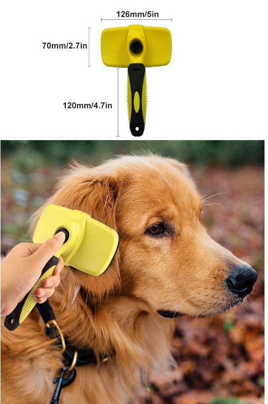 Yellow self-cleaning slicker brush with ergonomic handle grooming a golden retriever dog outdoors