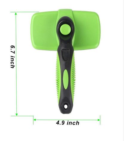 Green and black ergonomic self-cleaning slicker brush for pet grooming, 6.7x4.9 inches