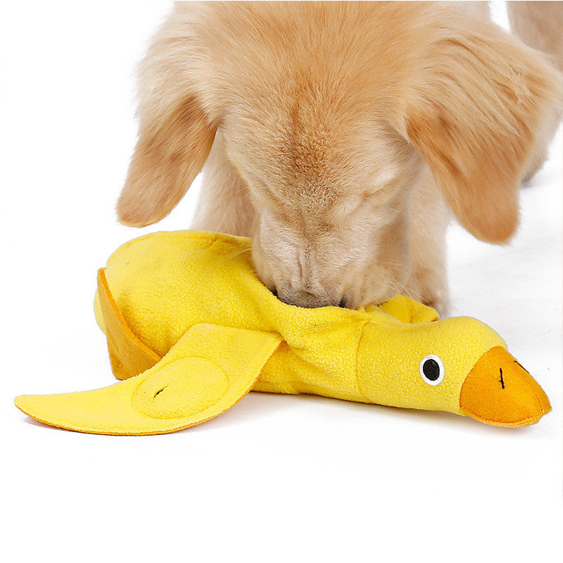 Golden retriever puppy playing with yellow plush duck chew toy on white background