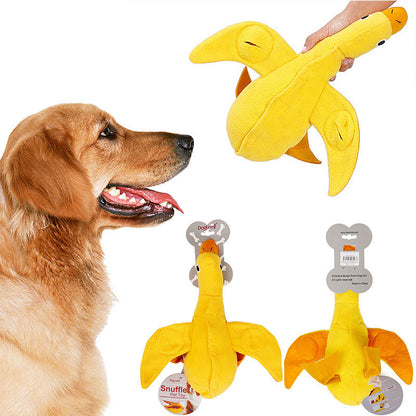 Golden retriever dog looking at a yellow plush duck squeaky chew toy for pets