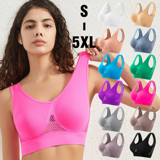 Woman wearing pink breathable seamless sports bra with 10 color options and sizes S to 5XL