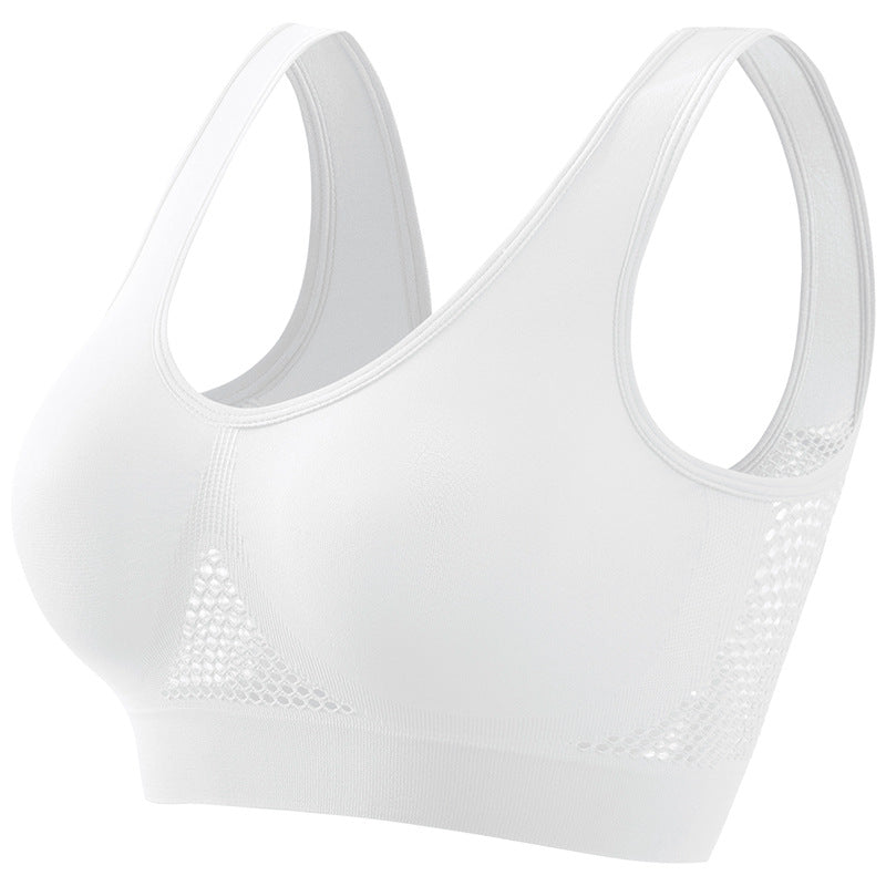 White seamless sports bra with breathable mesh panels and comfortable fit