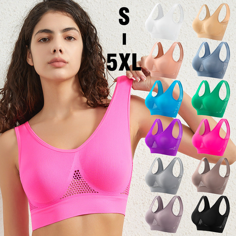 Woman wearing bright pink breathable seamless sports bra with ten color options in size S to 5XL