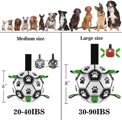 Durable dog football toys in medium (6 inch, 20-40 lbs) and large (8 inch, 30-90 lbs) sizes with paw print design