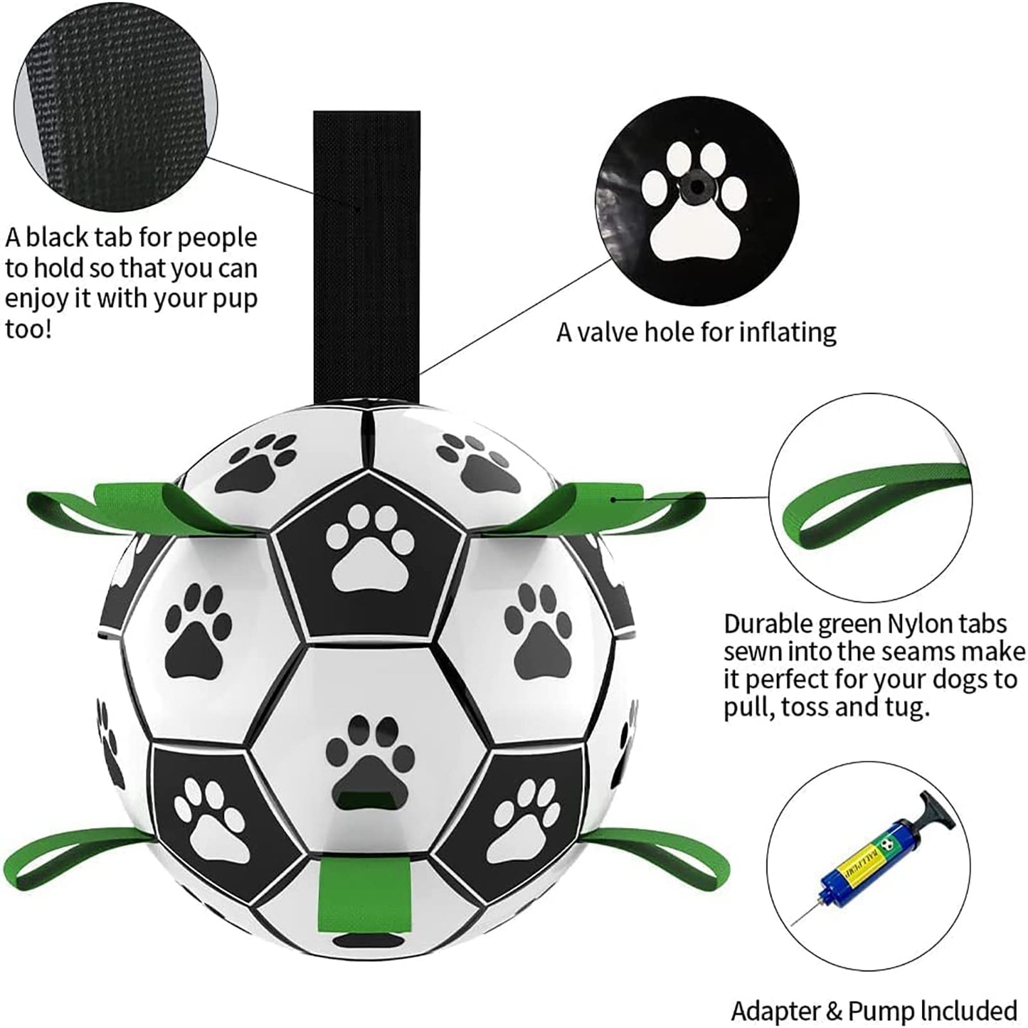Durable black and white dog toy ball with paw prints, green nylon tabs, valve hole, and black tab for outdoor play