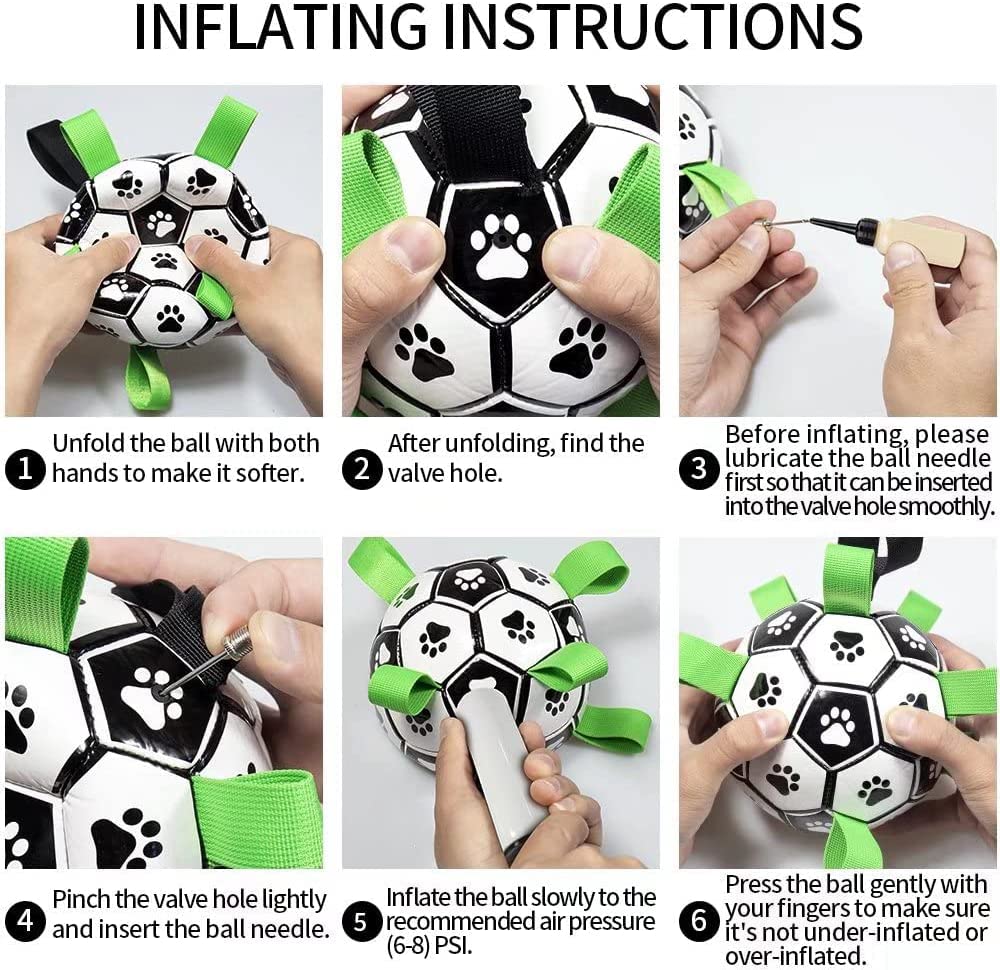 Step-by-step inflating instructions for a black and white paw print dog football toy with green handles