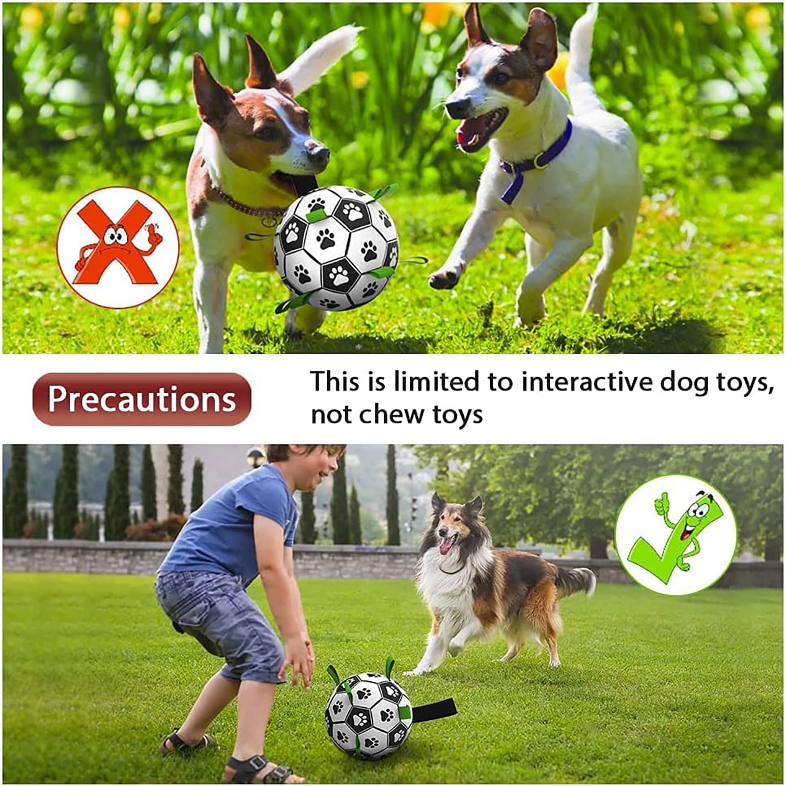 Two dogs playing with a paw-print ball toy on grass and a boy playing fetch with a large dog using the same interactive dog toy outdoors