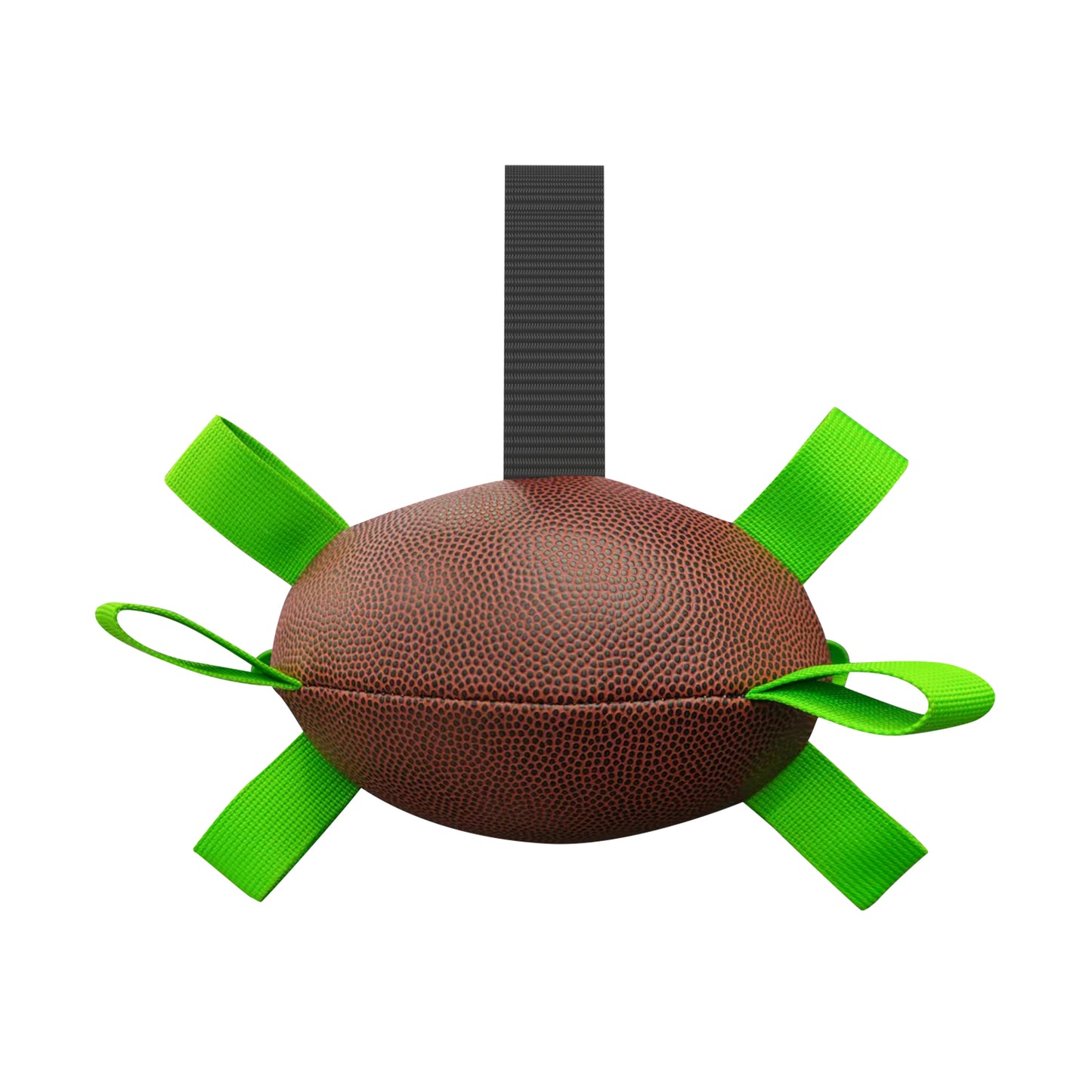 Durable brown textured dog football toy with green nylon loops and black handle for outdoor play