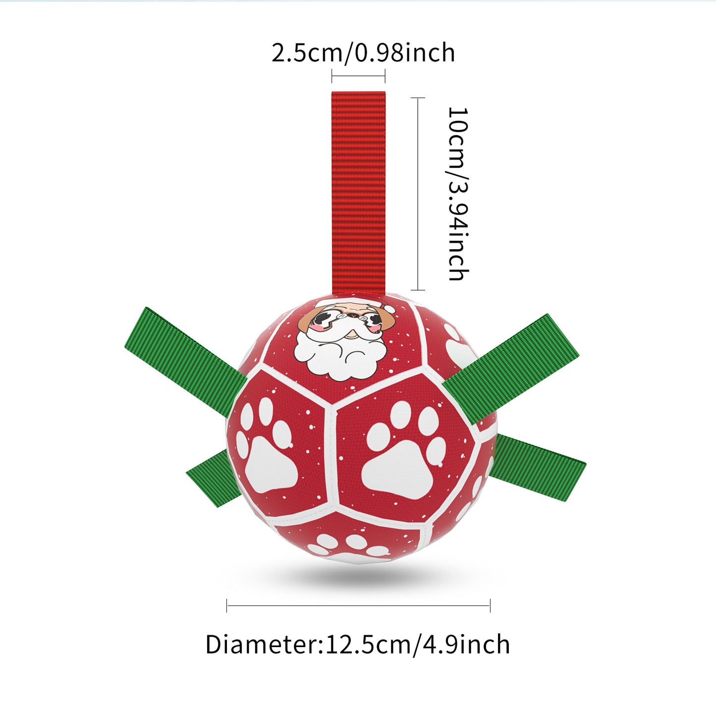 Red dog football toy with white paw prints, Santa face, and green and red straps, 12.5cm diameter