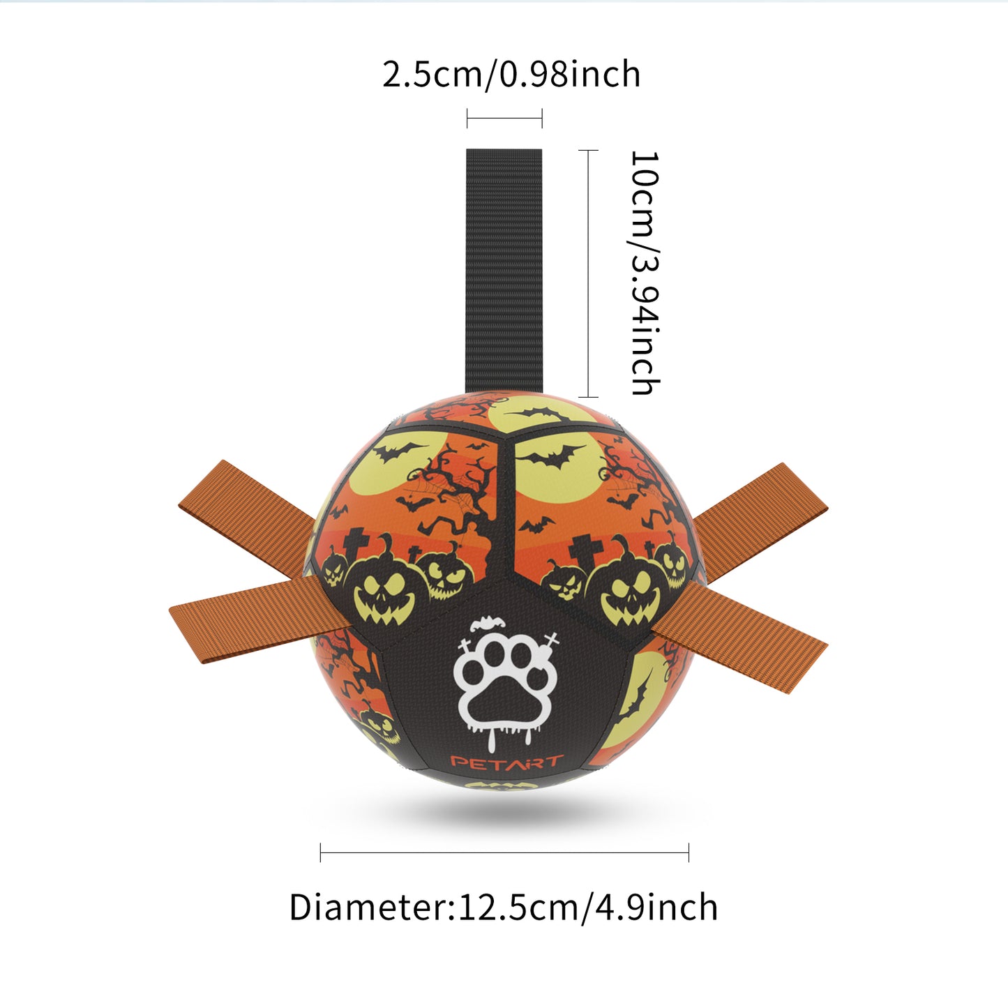 Halloween-themed durable dog football toy with spooky pumpkin and bat design and multiple handles