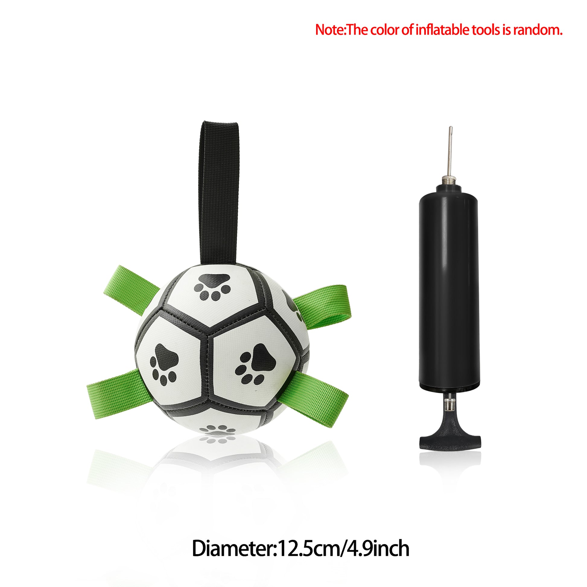 Durable dog football toy with paw prints and green handles, plus black air pump on white background