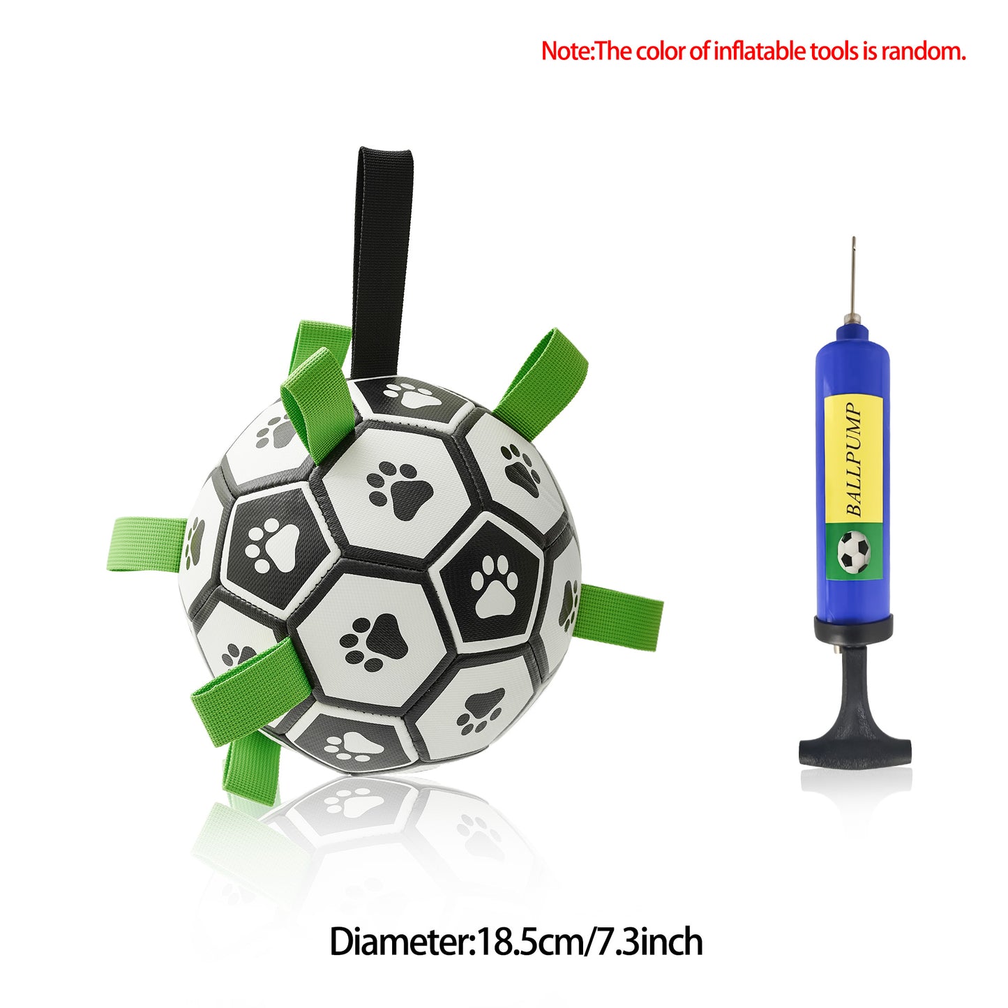 Durable dog football toy with paw prints and green handles, 18.5cm diameter, with blue ball pump