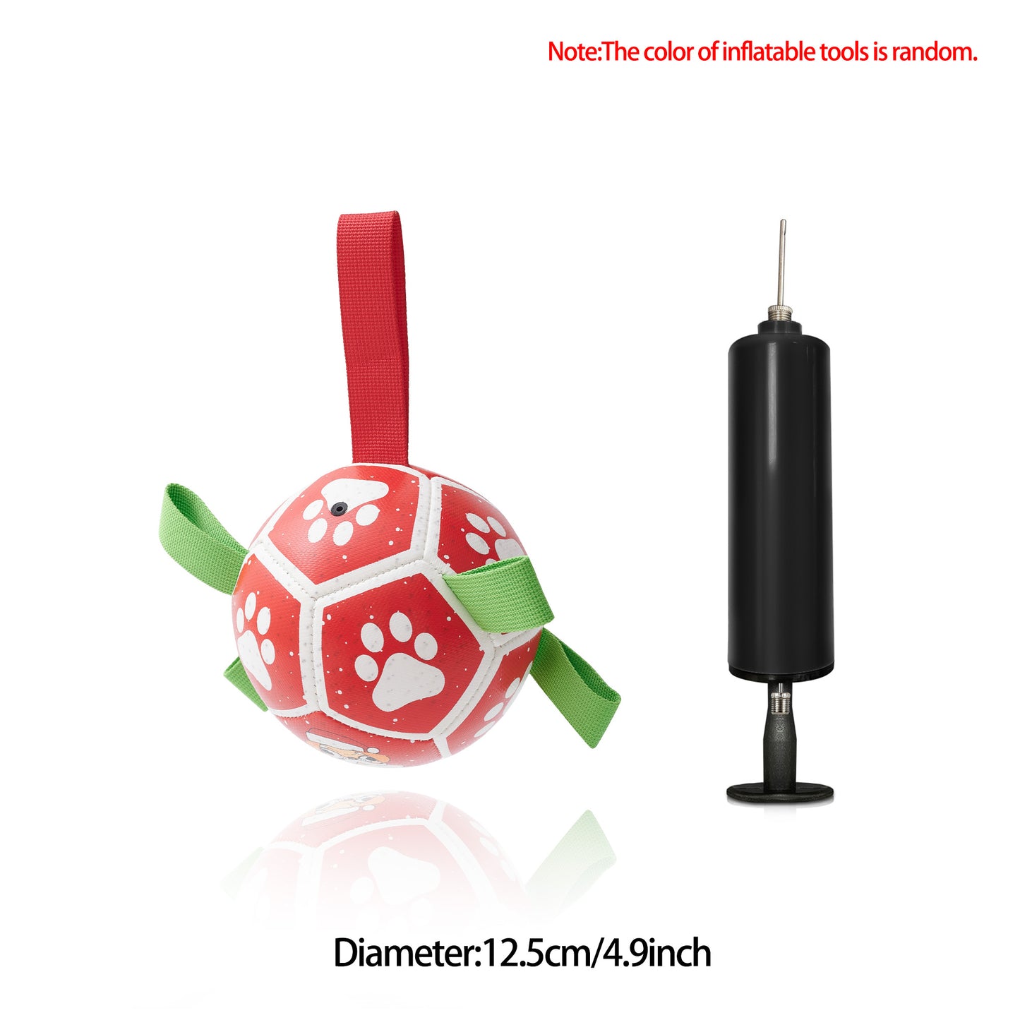 Red and white dog football toy with paw prints and green/red handles, alongside a black air pump