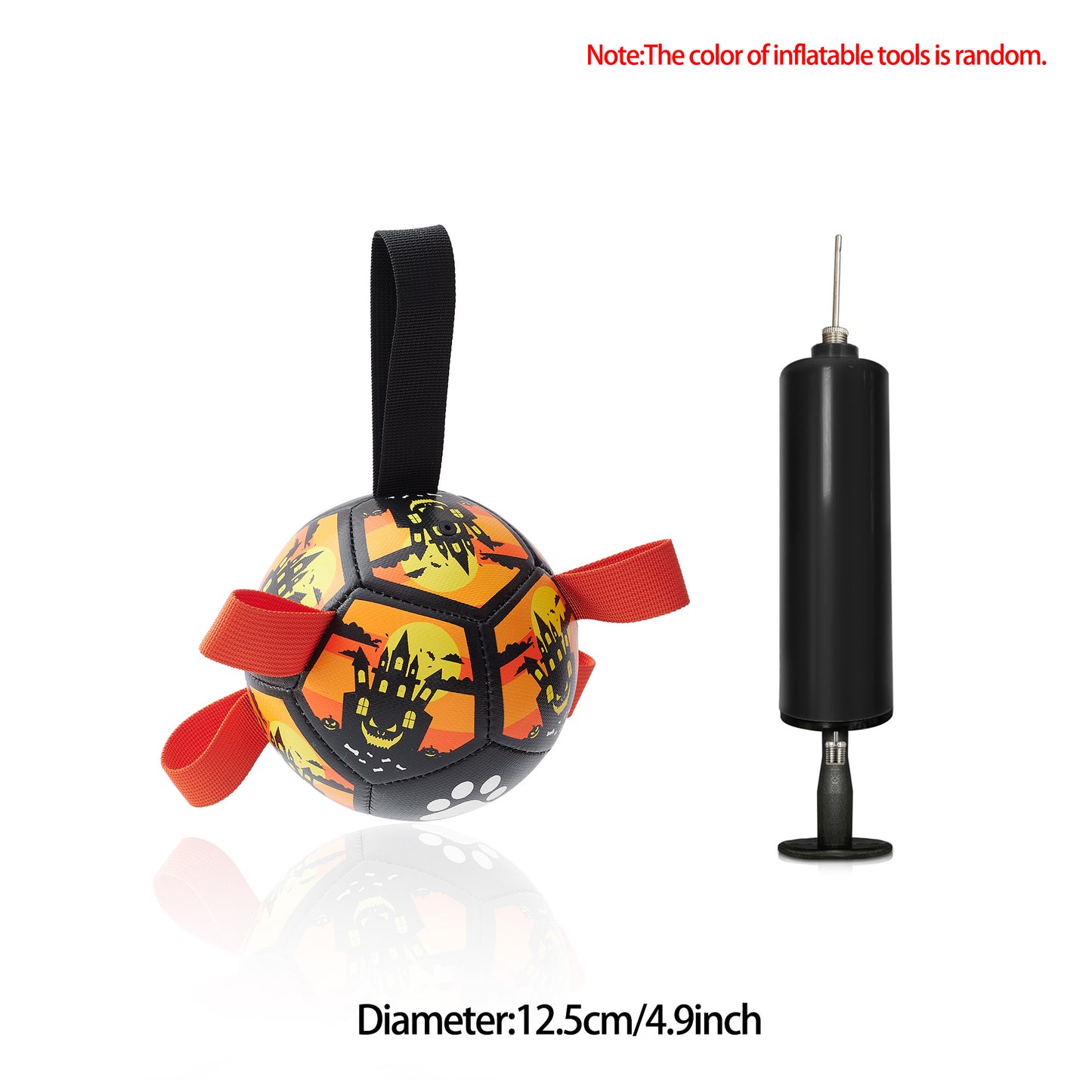 Durable dog football toy with Halloween castle design and red handles, includes black air pump