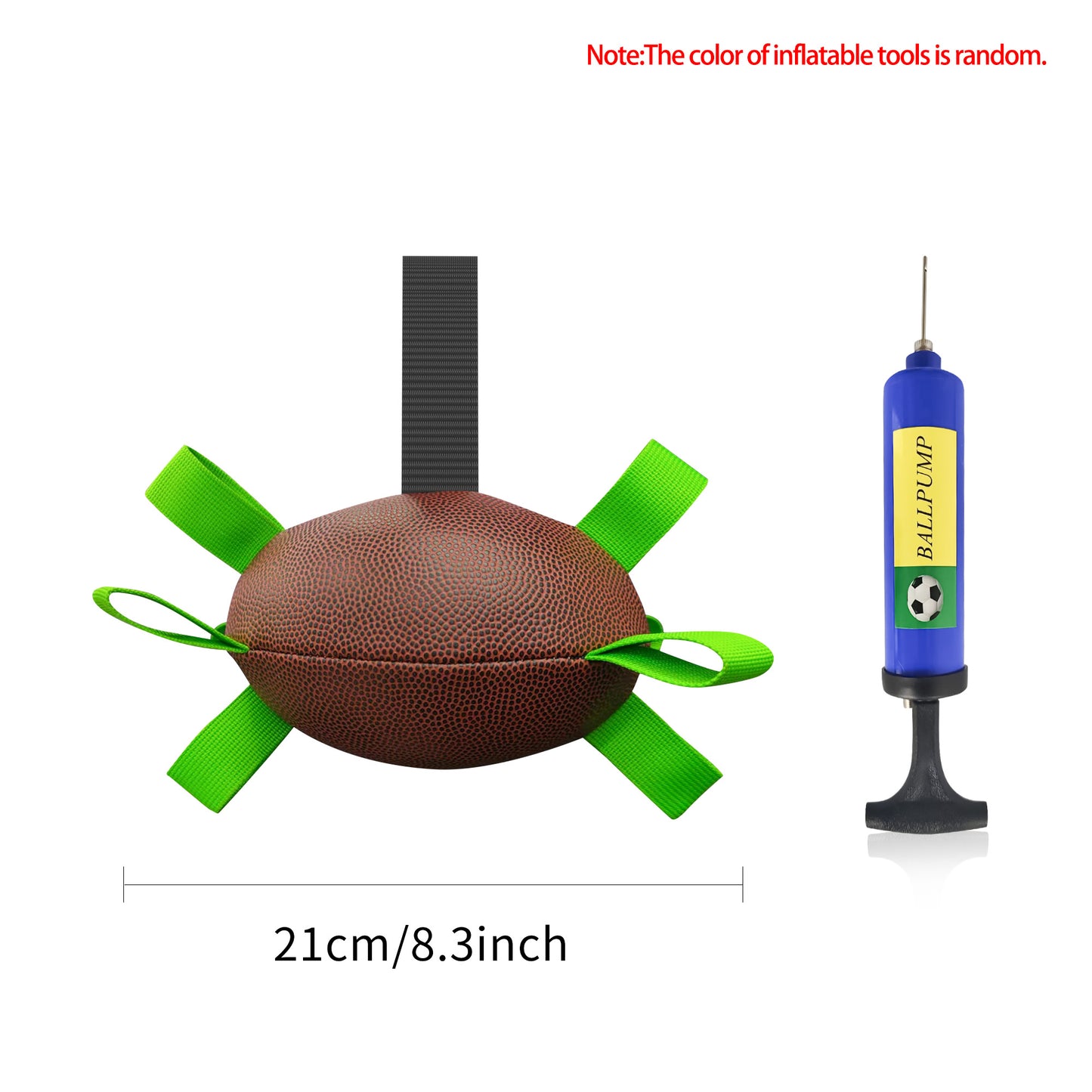 Durable brown PU dog football toy with green handles and black strap, 21cm long, with blue ball pump