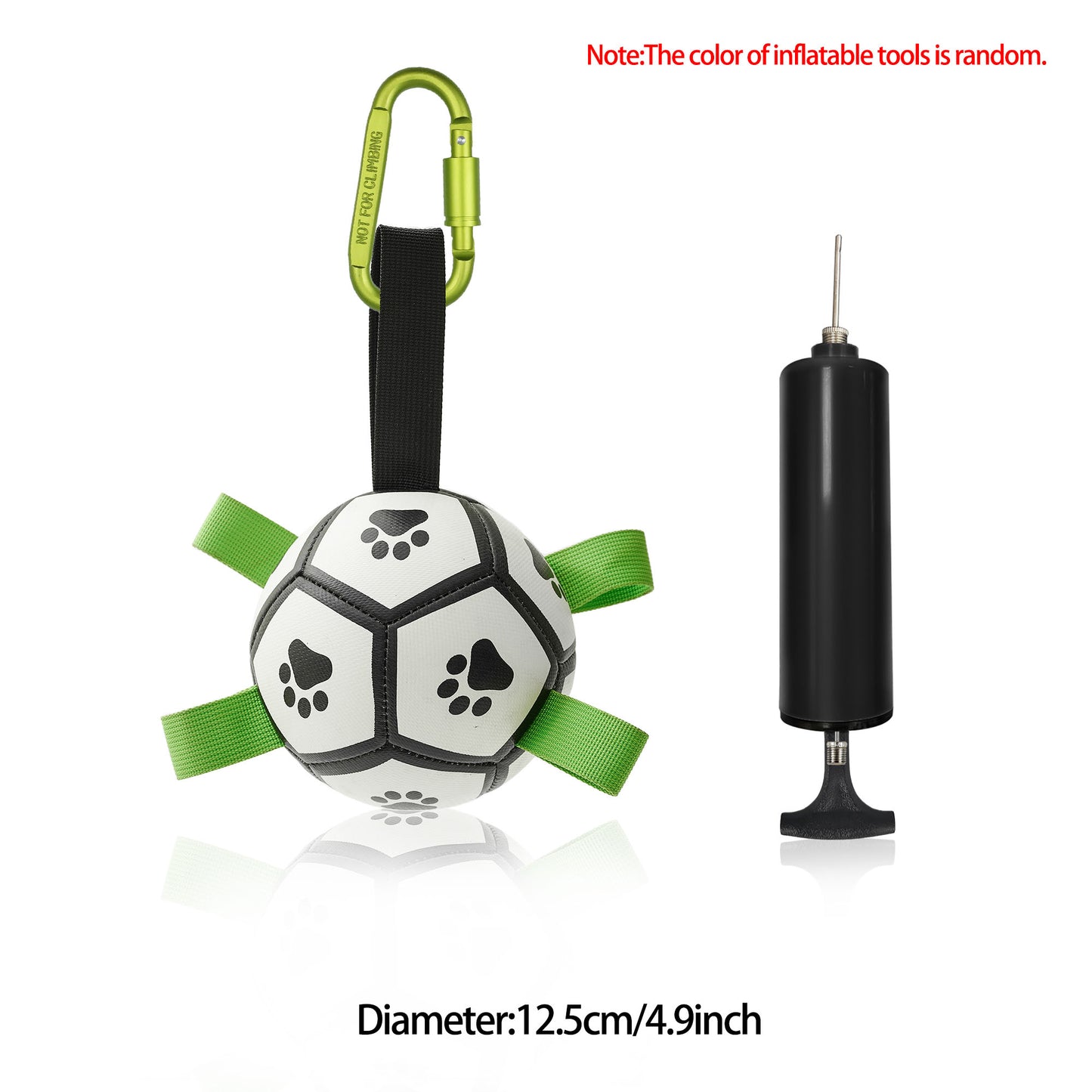 Durable white and black dog football toy with green handles and carabiner, includes black air pump