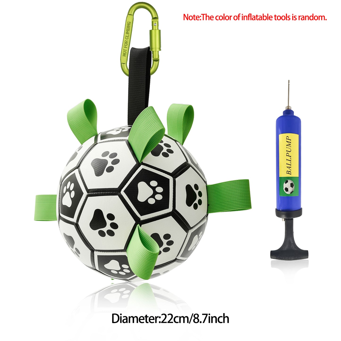 Black and white dog paw printed football toy with green loops and ball pump on white background