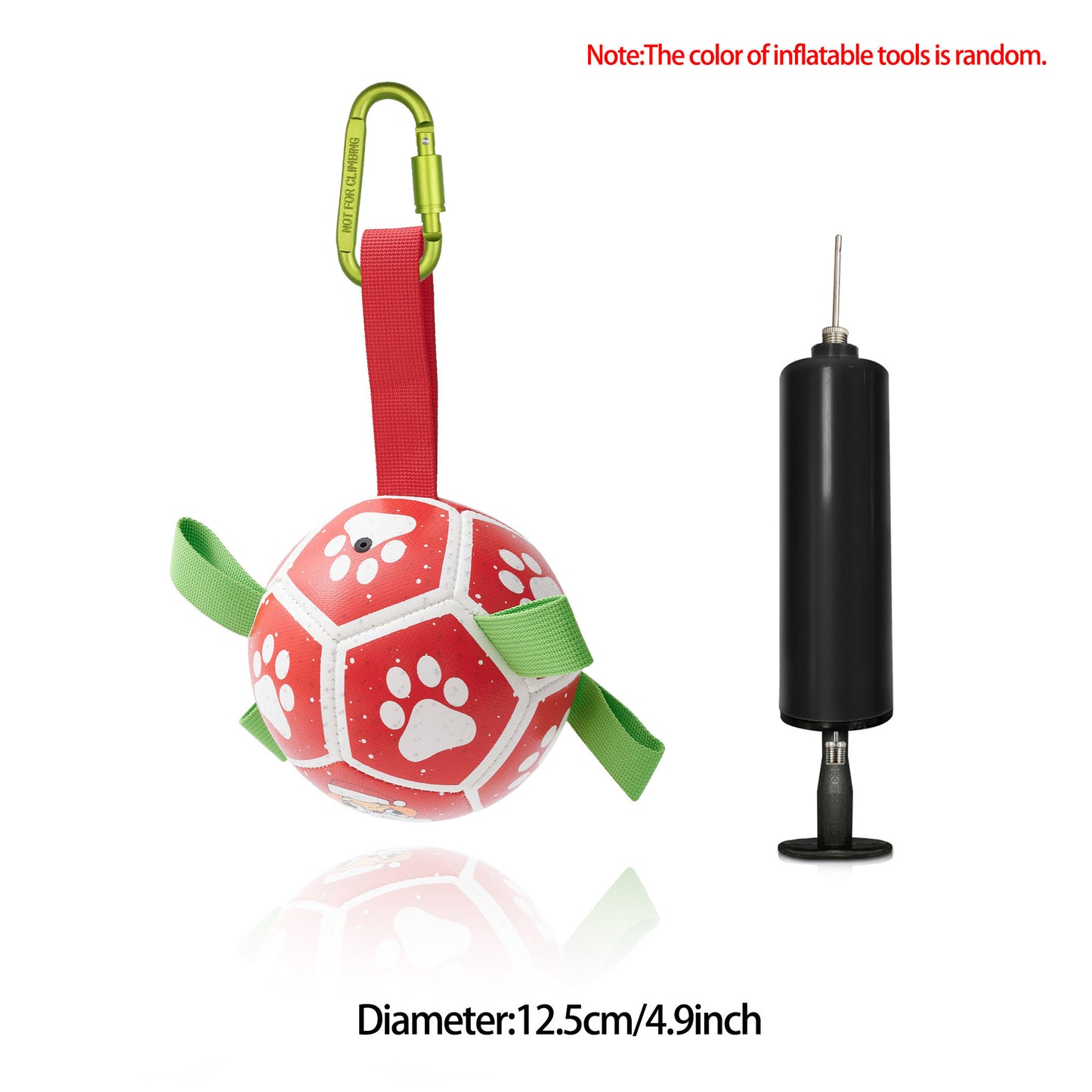 Red and white dog football toy with paw prints and green handles, with a black air pump