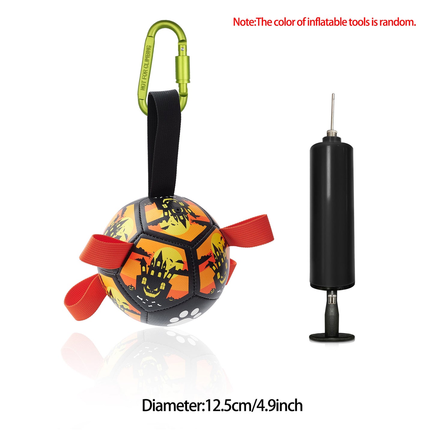 Durable Halloween-themed dog football toy with orange handles and black hand pump