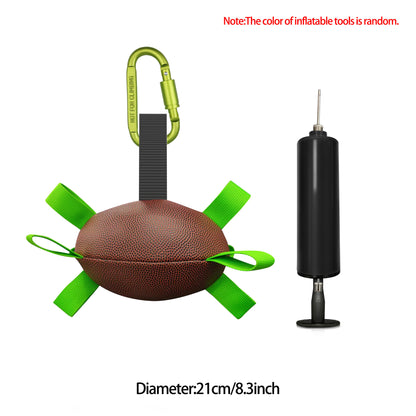 Durable brown dog football toy with green loops and a green carabiner, with black pump for inflation