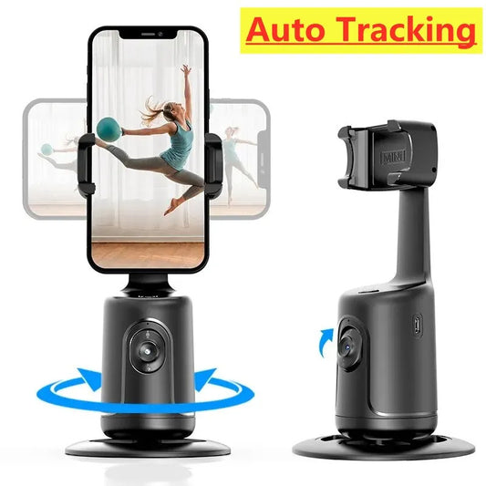 Black AI smart gimbal phone holder with 360-degree rotation and auto face tracking for stable video recording