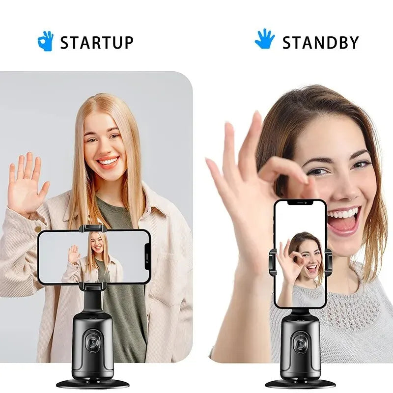 AI smart gimbal phone holder with 360° rotation tracking two women showing startup and standby gestures