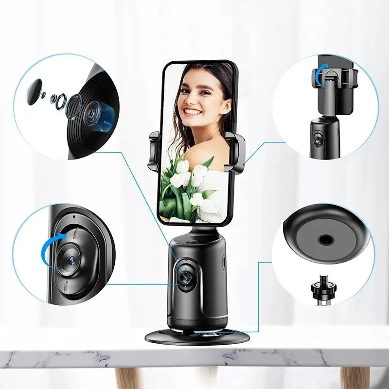 Black AI smart gimbal phone holder with 360-degree rotation and auto face tracking on marble table