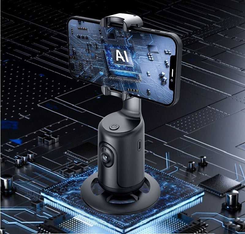 Black AI smart gimbal with 360-degree phone holder showing AI chip on phone screen over digital circuit board background