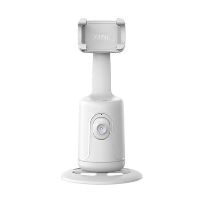 White AI smart gimbal phone holder with 360-degree rotation and MINI branding