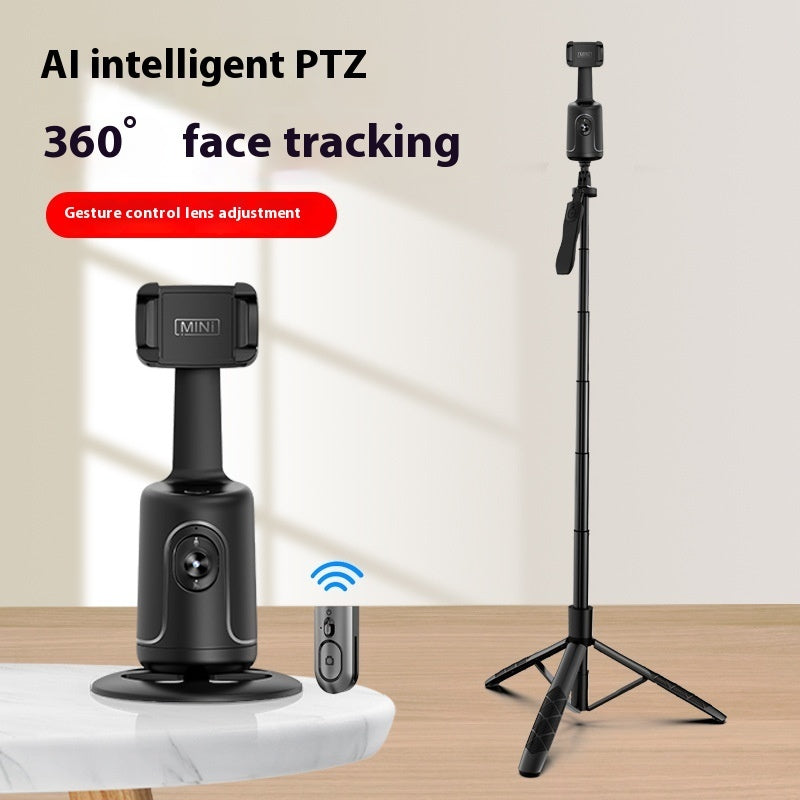 Black AI smart gimbal with 360-degree rotation and face tracking on table and tripod stand