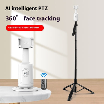 White AI intelligent PTZ gimbal with 360-degree face tracking and gesture control on table with black tripod stand